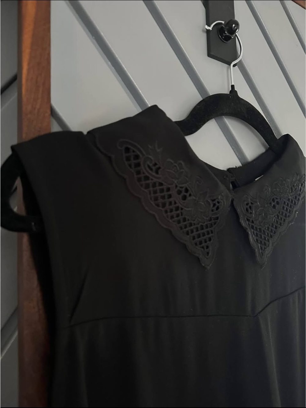 Faith and Joy Black Sleeveless Dress with Scalloped Lace Collar
